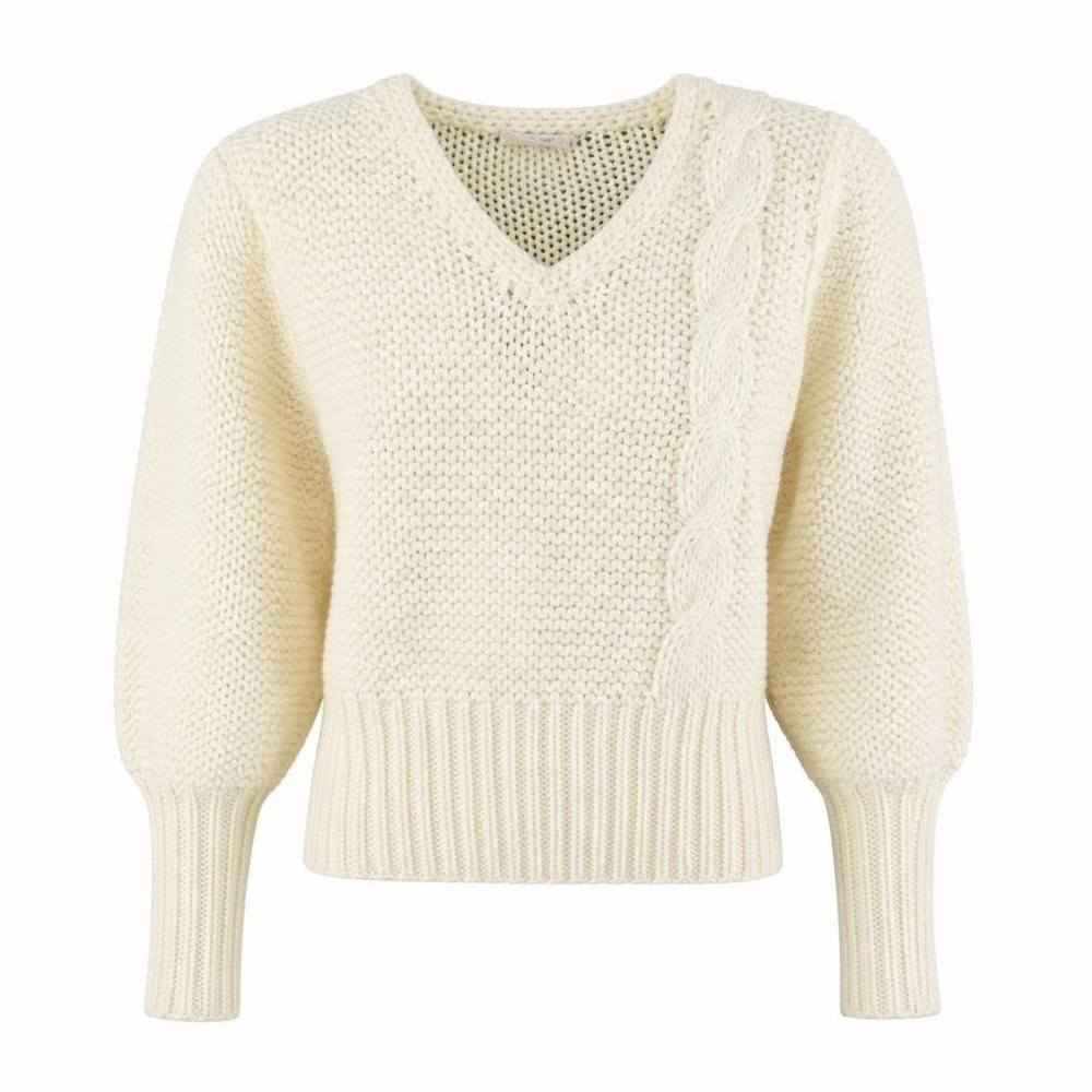 Vtg Hand Knit Sweater Womens S Cream Puff Sleeve Cable Coquette Soft Girl Chunky